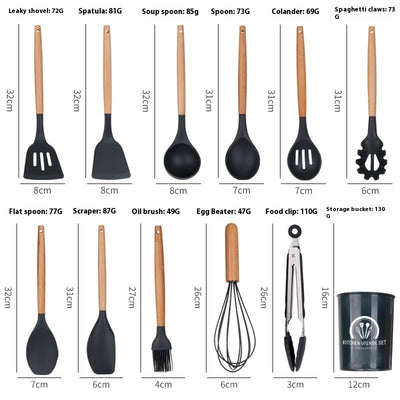 Wooden Handle Silicone Kitchenware 11-piece Non-stick Pan Cooking Spoon And Shovel Suit