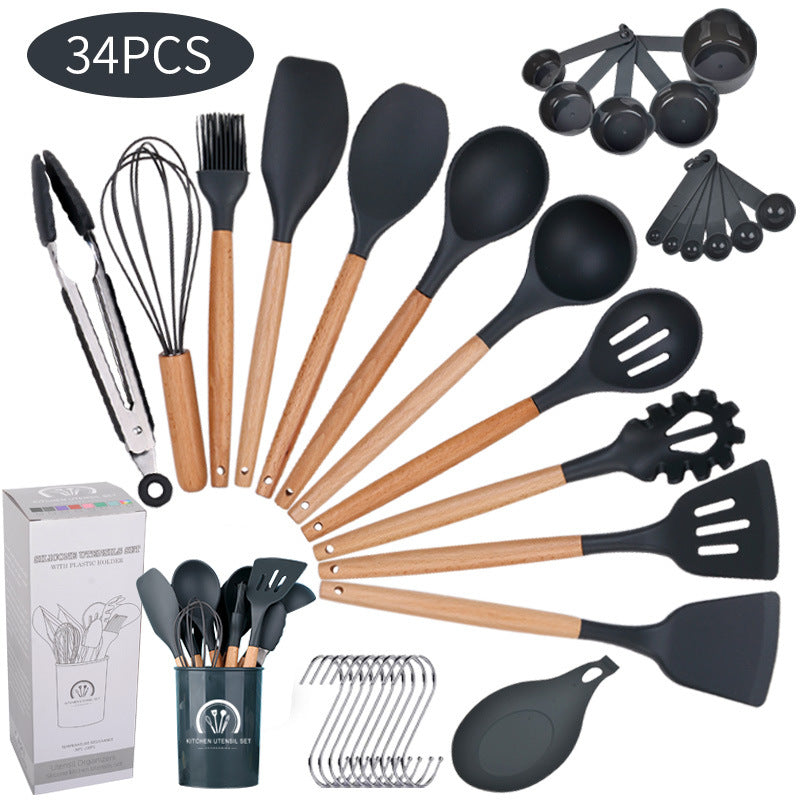 Wooden Handle Silicone Kitchenware 11-piece Non-stick Pan Cooking Spoon And Shovel Suit