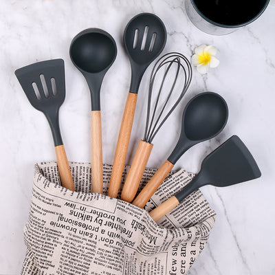 Wooden Handle Silicone Kitchenware 11-piece Non-stick Pan Cooking Spoon And Shovel Suit